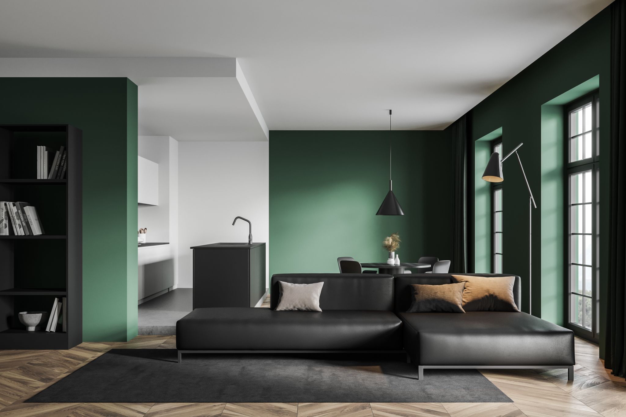 Interior of modern living room with white and green walls, wooden floor and big sofa